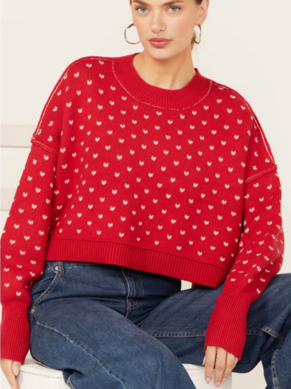 Pink Rose Red Heart-Pattern Women's Sweater NWT Size Large